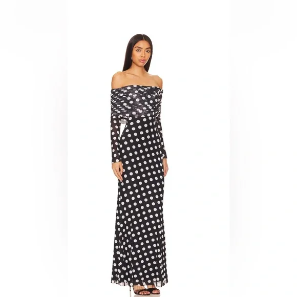 AFRM Thelma Dress Polka Dot Maxi Off The Shoulder Black and White Dress - Picture 1 of 6
